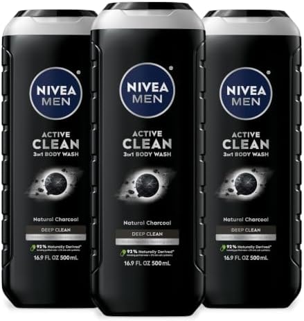 NIVEA MEN Active Clean 3-in-1 Body Wash, Mulitpack, 3 x 16.9 FL OZ