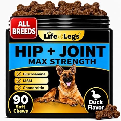 Life4Legs Joint Supplement for Dogs 500mg Glucosamine + 500mg MSM, Eggshell Membrane - Daily Hip and Joint Chews with Chondroitin, Green Lipped Mussel, Duck Flavor, Non-GMO, 90ct