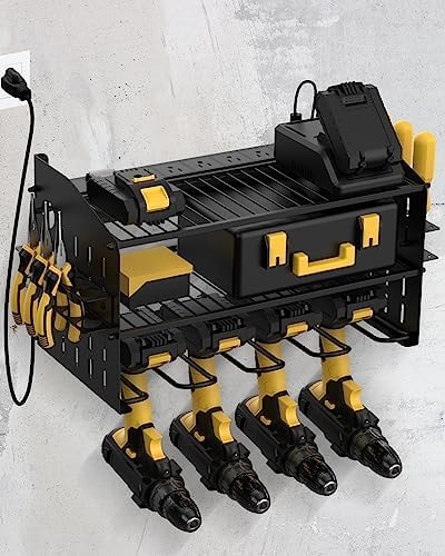 WellMall Power Tool Charging Station - 3 Layer Wall Mount Power Tool Organizer with Charging Station for Power Drill, 6AC Outlets, Great as Heavy Duty Tool Rack & Tool Holder for Garage Organization