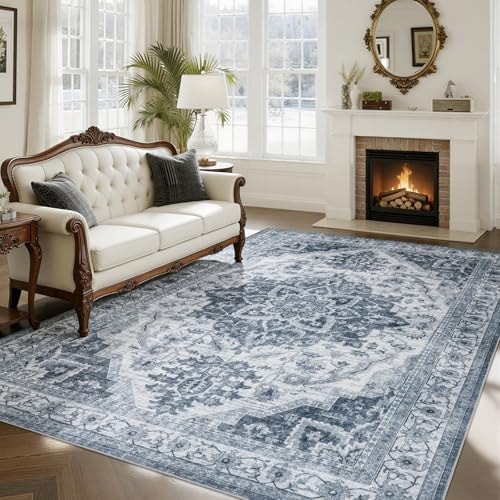 UKISS Washable Rugs 8'x10' Area Rugs for Living Room ,Ultra Soft Faux Silky Rug for Bedroom, Vintage Large Area Rug,Non Slip&Non-Shedding Low Pile Large Carpets for Home Office Decor Blue