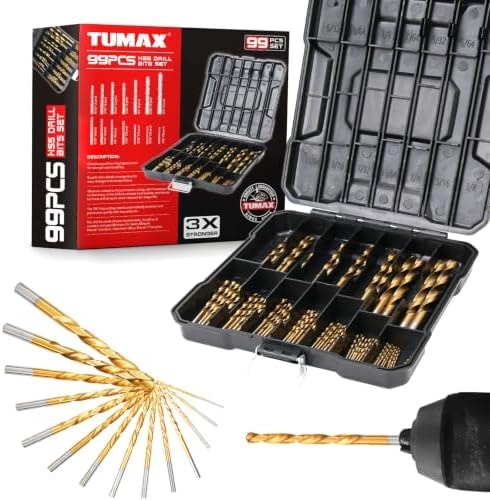TUMAX SAE 99Pcs Titanium Coated Drill Bit Set, 135° HSS 1/16"-3/8"