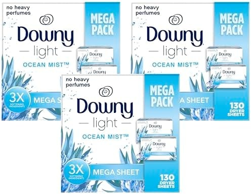 Downy Light Mega Dryer Sheets, Laundry Fabric Softener, Ocean Mist, 130 Count (Pack of 3)