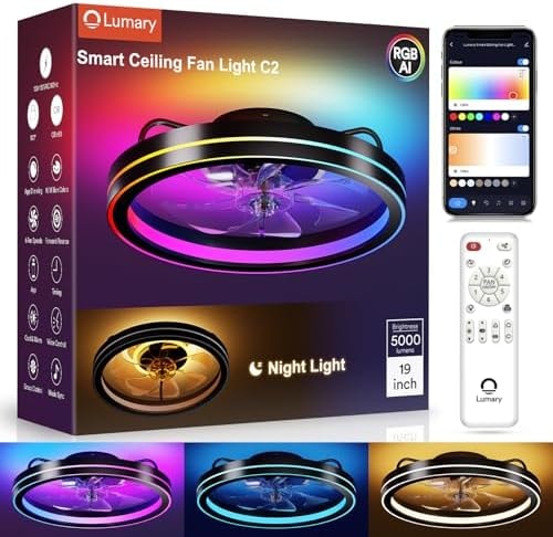 Lumary Smart Ceiling Fans with Lights and Remote, WiFi & Bluetooth Low Profile Ceiling Fan with 2200K Nightlight for Bedroom, RGBAI & 42 Scenes Mode, Flush Mount Easy to Install, 5000 Lm, 19 ln Black