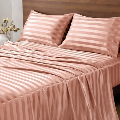 BEDELITE Jacquard Striped Satin Sheet Full Size, Rose Pink, 4 Pieces
