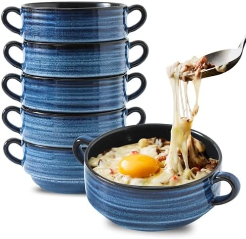 HASENSE French Onion Soup Bowls with Handles, 20 Oz Ceramic Soup Bowls Set of 6, Stackable Serving Bowls for Chili, Stew & Pot Pies, Microwave Dishwasher Safe, Blue Farmhouse Kitchenware