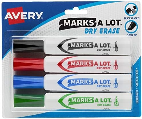 Avery Marks A Lot Dry Erase Markers, Low Odor White Board Markers with Chisel Tip, 4 Assorted Colors (24409)