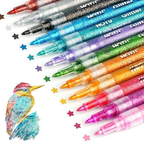 HOTU Glitter Markers Pens, 12 Sparkly Colors, 0.7mm Fine Tip for Coloring