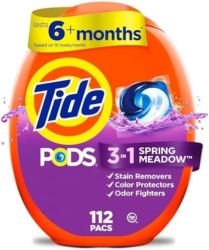 Tide PODS laundry detergent pacs, 3-in-1 Stain Remover, Odor Fighter, Color Protector, 112 Count, HE compatible, Spring Meadow Scent