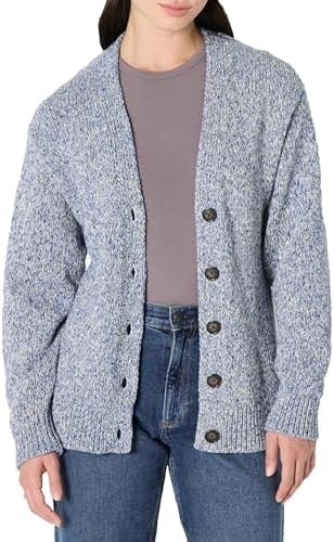 Amazon Essentials Women's Oversized-Fit Multi-Color Heavyweight Cotton Blend Button-Up Cardigan with Deep V-Neckline, Bright Blue Marl, Medium