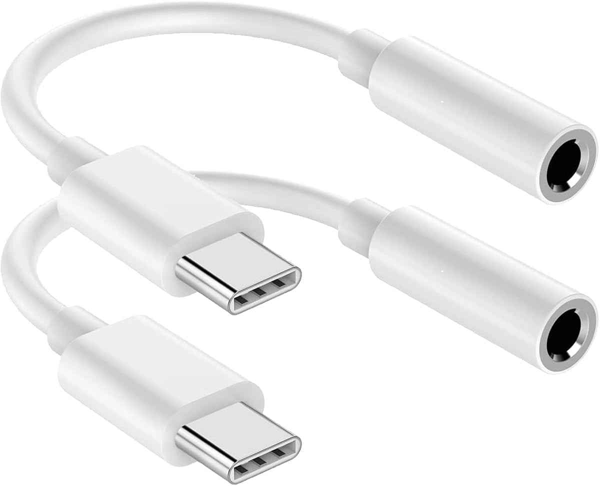 USB C to 3.5mm Audio Headphone Jack Adapter (2Pack), Aux to USB C Dongle Cord Cable Compatible with iPhone 17/16/15, iPad Pro, Samsung Galaxy S25 S24 S23 Ultra/Google Pixel - White