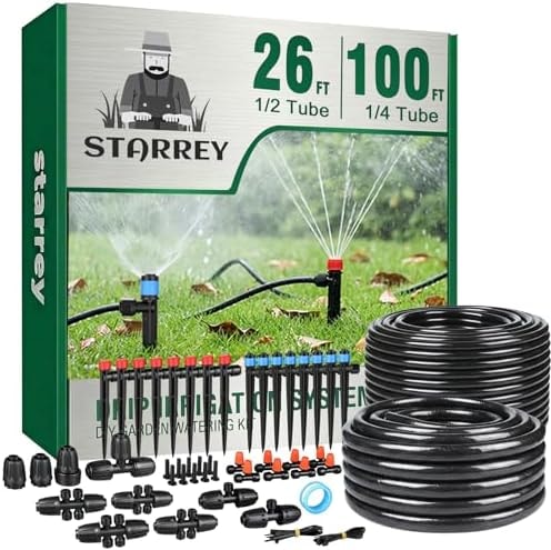 Drip Irrigation System for Garden, 2026-Upgraded Quick Connect Garden Watering Kit All-in-One with 1/2 inch 1/4 inch Irrigation Tubing for Garden, Lawn, Greenhouse, Raised Beds (126FT)