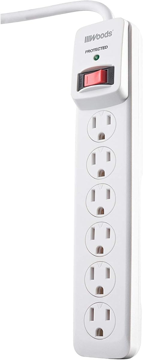 Southwire Woods Surge Protector Power Strip - 900J Overload Protection - 3 Foot Cord - UL Listed Surge Protector - Built-In Circuit Breaker - White - 6 Outlets