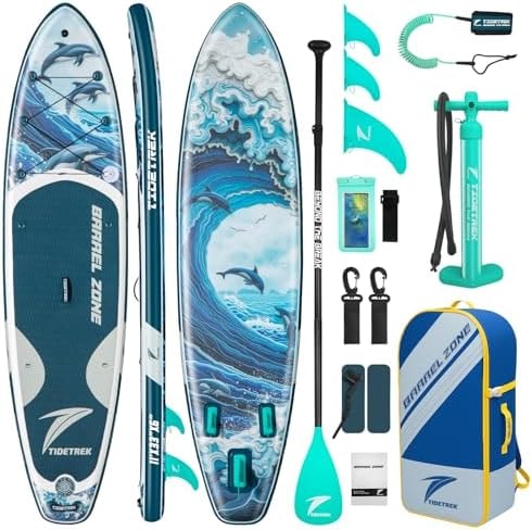 TIDETREK 11'/11'6" x 33"/34" x 6" Inflatable SUP Paddle Board – Extra-Wide, Stable Stand Up Paddle Board with Premium Full Accessory Set for Adults & Youth (Ocean Spirit, 11'x33 x6)