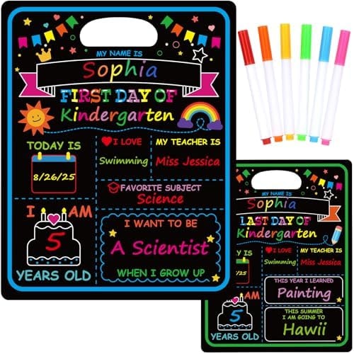 First Day of School Sign Board with Liquid Chalk Markers - 14”x11” Double-Sided First and Last Day Schools Board, Reusable 1st Days of Kindergarten Preschool Chalkboard for Back to School Supplies