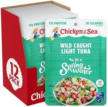 Chicken of the Sea Wild Caught Light Tuna in Spring Water, 2.5 Ounce Packets, 12-Count – High Protein 100% Skipjack Tuna in Water – Easy, Delicious, Nutritious Ready to Eat Meals