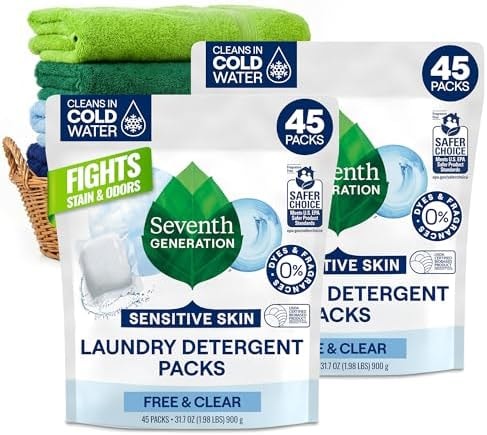 Seventh Generation Laundry Detergent Packs, Free & Clear, 45 Count, 2 Pack, Plant-Based Enzymes Lift Tough Stains, No Dyes or Fragrance, Sensitive Skin Formula, Works in All Machines, Hot & Cold Water