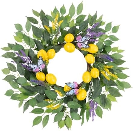 U'Artlines 24 Inch Lemon Wreath for Front Door, Spring Summer Door Wreaths with Fake Lemons Butterfly Greenery Wreath for All Seasons Window Wall Wedding Indoor Outdoor Decor