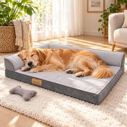Large Orthopedic Dog Bed, Calming Waterproof Memory Foam Dog Sofa Bed for Large Dogs with Removable Washable Cover & Non-Slip Bottom, Warm Plush Pet Bed, Light Grey, 40”x32”