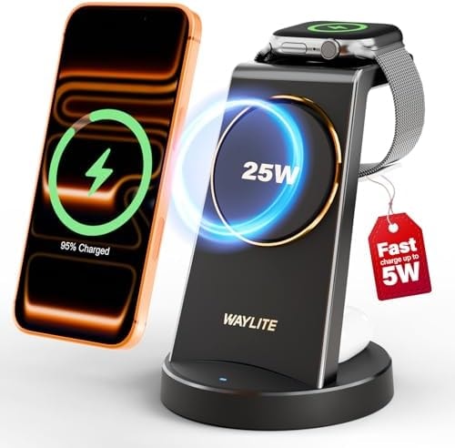 3 in 1 Fast Charging Station for iPhone, 25W Wireless Magnetic Phone Charger for iPhone 17 16e 16 15 14 13 12 Serise, Watch Charger Stand, Wireless Charging Station for AirPods 4 3 Pro, Black