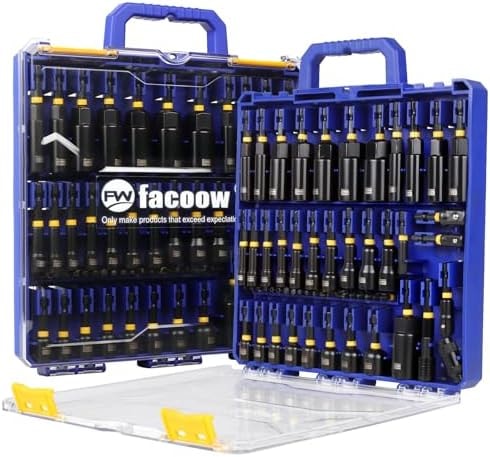 Facoow 55PCS Magnetic Nut Driver Set, SAE&Metric Impact Nut Driver Set, 1/4" Quick Release Impact Nut Driver Bit with Socket Adapters, Deep Sockets, Wing Nut Driver, Pivoting Nutsetter, Extension Bars