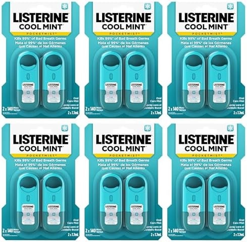 Listerine Cool Mint Pocketmist, Oral Care Mist for Fresh Breath, Non-Aerosol Sugar-Free Bad Breath Refresher Spray to Kill 99% of Bad Breath Germs, Portable, Cool Mint Flavor, 7.7 mL, 12 Sprays
