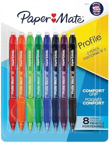 Paper Mate Profile Mech Mechanical Pencils, 0.7mm #2 Pencil Lead, Comfort Grip, Assorted Barrel Colors, 8 Count - Office Supplies