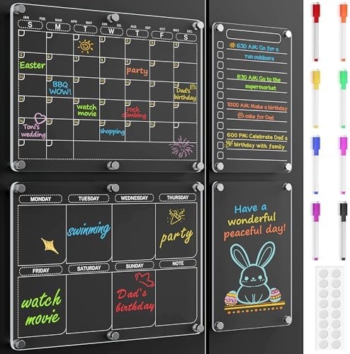 Tmtamye 4 Pack Magnetic Calendar for Refrigerator, Clear Acrylic Calendar for Fridge with 8 Colorful Markers, Fridge Magnet Easy Erase for Home Kitchen, Office Organization