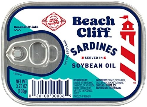 Beach Cliff Wild Caught Sardines in Soybean Oil, 3.75 oz Can - 13g Protein per Serving - Gluten Free, Keto Friendly - Great for Pasta & Seafood Recipes