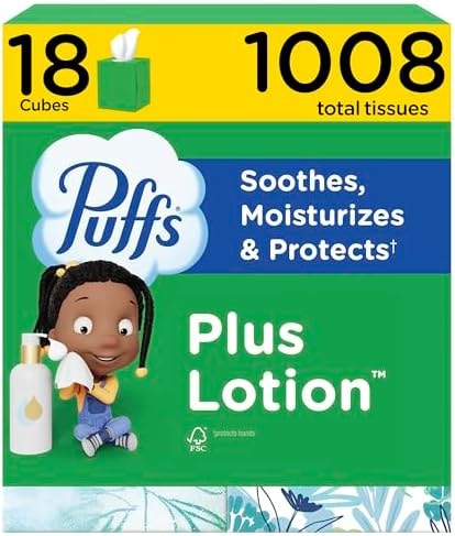 Puffs Facial Tissues Plus Lotion, 18 Cube Boxes, 56 Facial Tissues per Box, Allergies and Colds (Packaging May Vary)