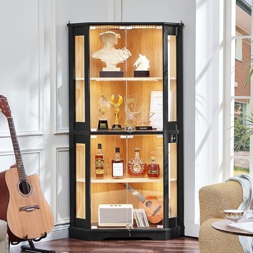 LELELINKY Farmhouse Corner Display Cabinet with Lock, Black