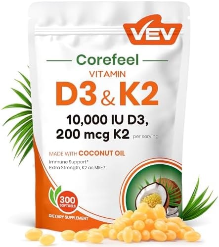 VEV Vitamin D3 K2 10,000 IU, 200 mcg K2, 300 Coconut Oil Softgels
