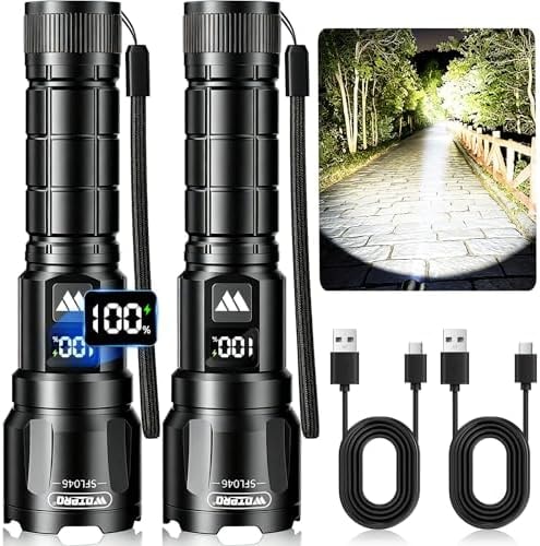 WdtPro Rechargeable Flashlights 2 Pack, Super Bright LED High Lumens Tactical Flash Light with LCD Battery Display, Zoomable 3 Modes, Powerful Handheld Flashlights for Home Emergencies Camping Outdoor