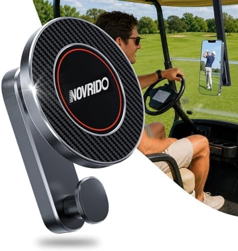 NOVRIDO Golf Cart Phone Holder Magnetic - Zinc Alloy Mount with 20 Strong Magnets and Gear Hook for Golf Cart Accessories - 360 Rotation for Swing Recording and Distance Apps Fits iPhone Android