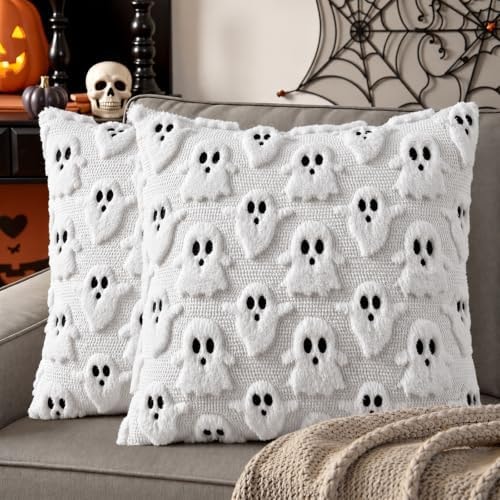 decorUhome Fall Halloween Ghost Throw Pillow Covers 18x18 Set of 2 White
