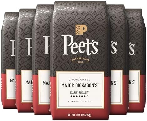 Peet's Coffee, Dark Roast Ground Coffee, 100% Arabica Coffee - Major Dickason's Blend 63 Ounces (6 Bags of 10.5 Ounces)