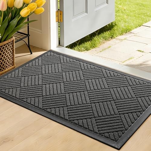 WELDUN Front Door Mat, Heavy Duty Waterproof Rubber Doormat for Indoor Outdoor, Non-Slip Low Profile Dirt Trapper Absorbent Mat for Entryway, Stain Fade Resistant Easy Clean 29.5"x17", Grey