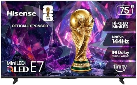 Hisense 75" E7 Cinema Series Hi-QLED Mini-LED 4K UHD Smart Fire TV (75E7SF, 2026 NEW) - Native 144Hz, AI Picture, Dolby Vision IQ · Atmos, FALD, HDR10+ Adaptive, MEMC, Alexa+