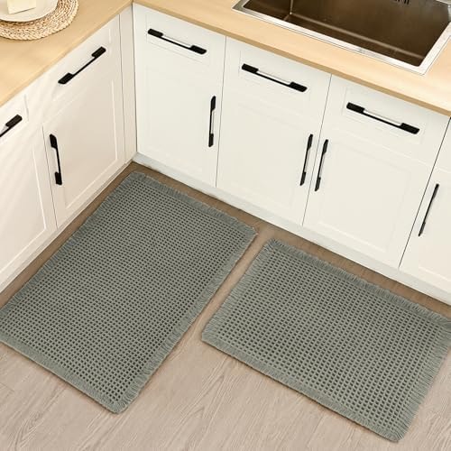 Siyaluens Luxury Waffle Bath Mat, Super Absorbent Non Slip Bathroom Rugs, Boho Ultra Soft Comfort Machine Washable Quick Dry Floor Mats with Tassels (Olive Green, 17" x 24" + 20" x 30")