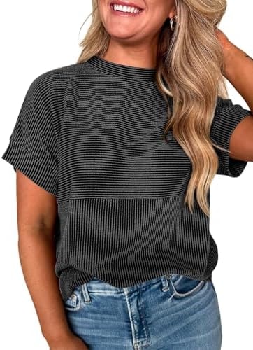EVALESS Womens Tops Teacher Outfits Short Sleeve Ribbed Tshirt Black XXL