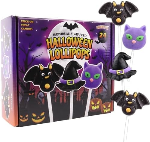 Halloween Lollipops, Cat, Bat & Witch Hat Suckers, 24 Count