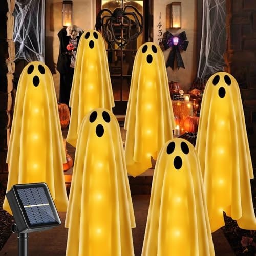 Betrihyes 6PACKS Halloween Decorations Outdoor Solar Ghost Lights,Scary Ghost Decor with Spooky Party Gifts,Solar Halloween Path Lights for Front Porch/Yard/Garden/Home/Ghost Party Decor Warm White