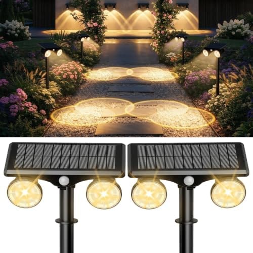 Solar Lights Outdoor Waterproof, Dual Heads Adjustable Solar Spot Lights Outdoor, 2-in-1 Motion Sensor Solar Powered Spotlight Landscape Lighting for Garden, Yard, Pathway- 2 Pack (Warm Light)