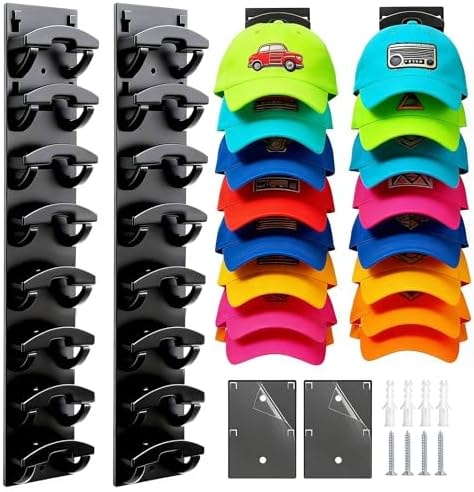 2-Pack Hat Rack for Wall, Baseball Hat Hooks with Adhesive & Screws