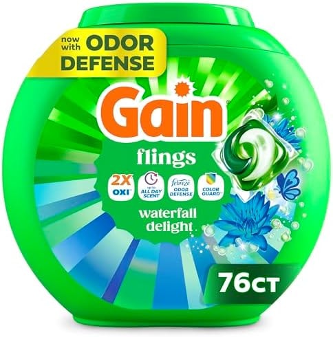 Gain Flings Liquid Washing Detergent Pods, Now with Odor Defense + Color Guard, Waterfall Delight Scent, 4-In-1 liquid laundry detergent pacs, clean & fresh, 76 Count (Packaging May Vary)