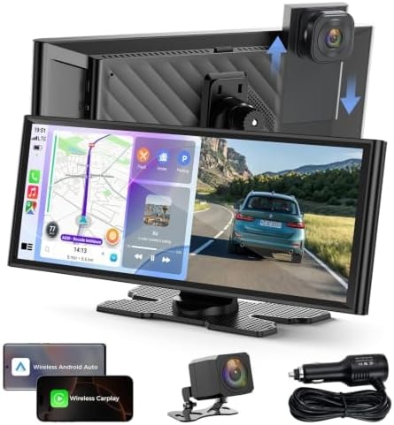 9.26" Wireless CarPlay Screen with 4K+1080P Dual Dash Cam Front & Rear,Apple CarPlay & Android Auto,1600x600 IPS Display,Loop Recording,Auto Light Sensor Adjustable Brightness,OTA Update,Plug & Play