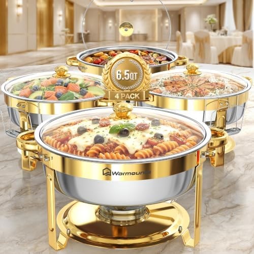 6.5QT Chafing Dishes for Buffet, 4 Pack Gold Round Buffet Display Set