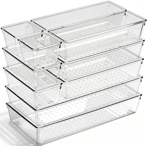 CHOWAY Drawer Organizer, 10 Pack Large Clear Plastic Organizer Bins 5 Sizes, Versatile Bathroom Drawer Trays, Heavy Duty Non‑Slip Drawer Dividers for Makeup, Office & Kitchen Utensils