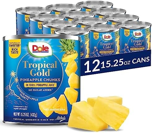 Dole Canned Fruit, Tropical Gold Pineapple Chunks in 100% Pineapple Juice, Gluten Free, Pantry Staples, No Sugar Added, 15.25 Oz, 12 Count