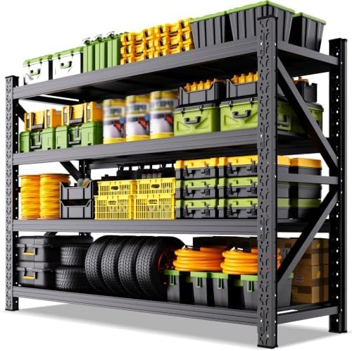 79"W garage shelving 6000LBS Heavy Duty Storage Shelves 4 Tier Metal Shelving Unit Adjustable shelves for garage storage for Garage, Basement, Warehouse, Storage Room, , 79" W x 24" D x 73" H Black