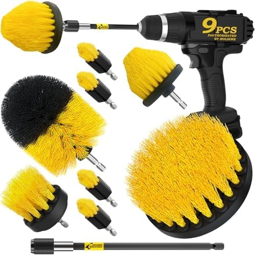 Holikme 9Pack Drill Brush ,All Purpose Drill Brush with Extend Attachment for Bathroom Surfaces, Grout, Floor, Tub, Shower, Tile, Kitchen and Car,Corner,Masonry Brushes,Yellow